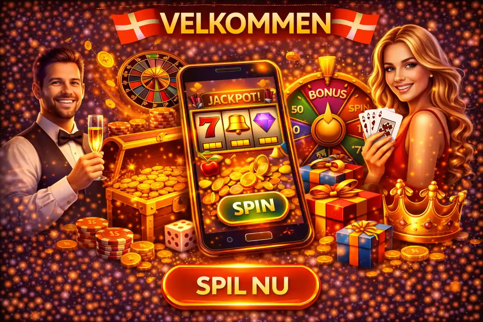 Smilende kvinde holder en smartphone med jackpot spilleautomat og teksten Spil Nu